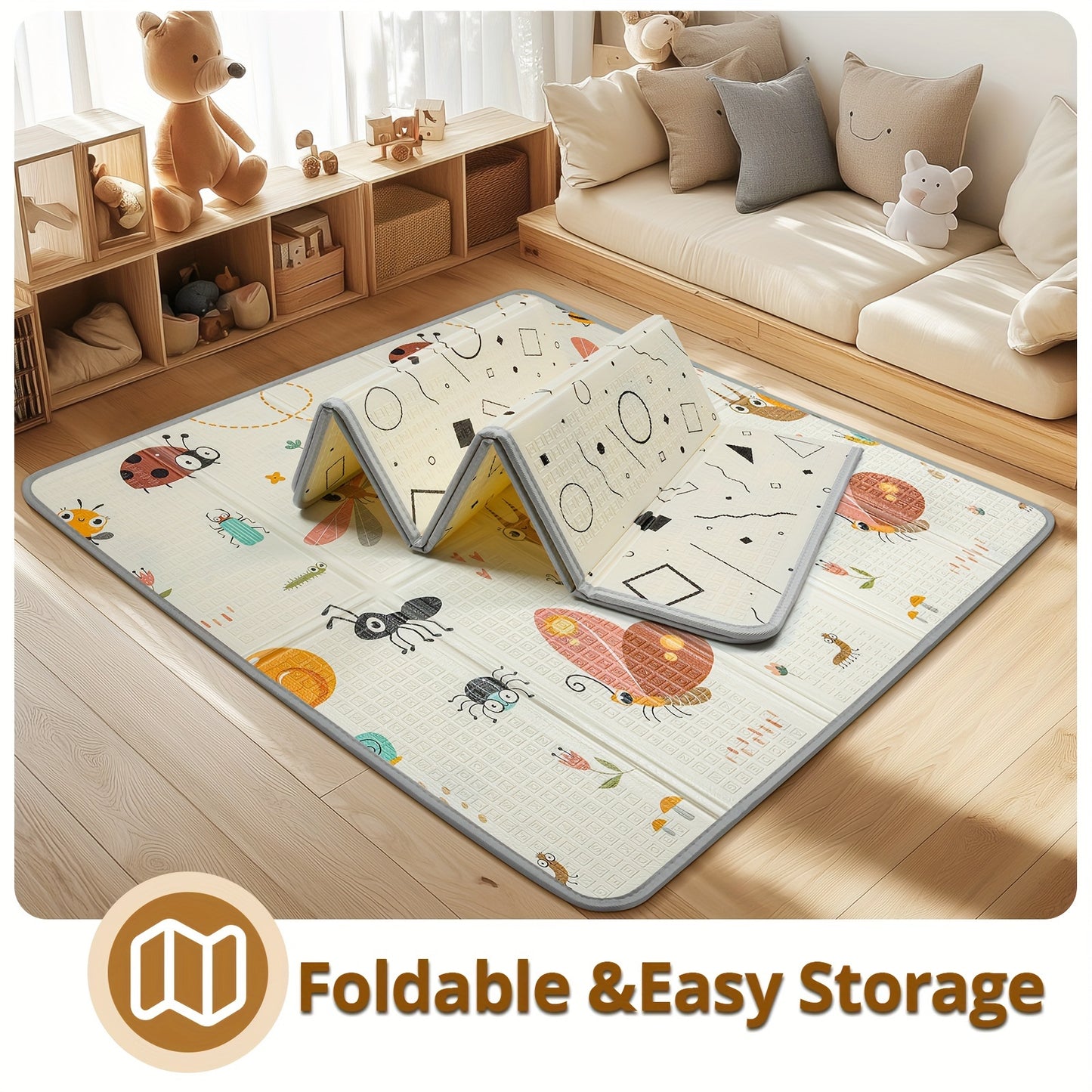 Reversible Dragonfly & Geometric Play Mat for Kids - 127.0x127.0cm Waterproof, Thick Foam Safety Pad with Fence Option, Portable & Reversible Floor Mat, Perfect Christmas or Thanksgiving Gift