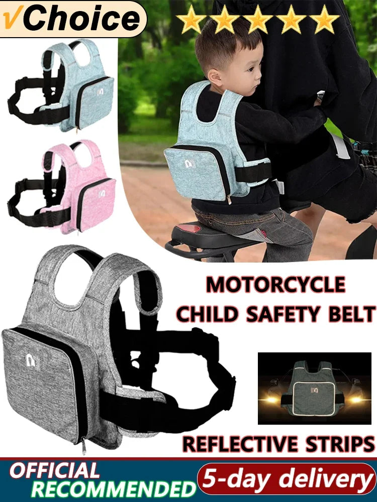 Universal Motorcycle Safety Belt for Kids with Storage Bag Rear Seat Grab Handle Strap Harness Adjustable Child Reflective Strip