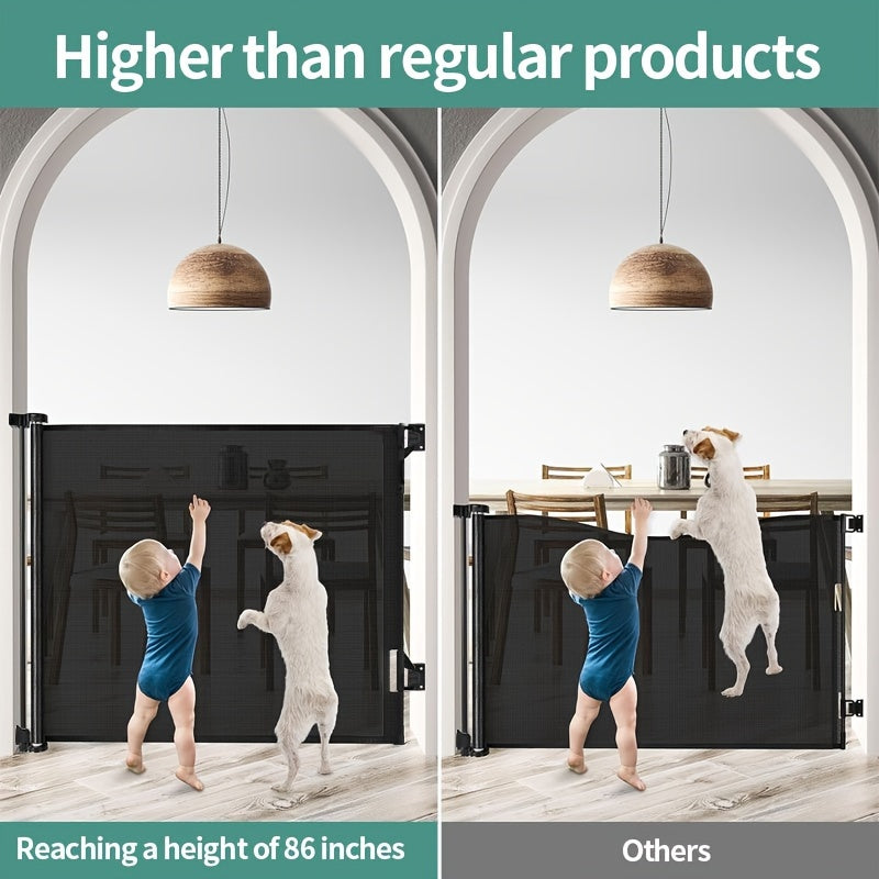 Retractable Mesh Gate for Stairs & Doorways, Metal Safety Barrier for Dogs & Pets, Stainless Steel, Indoor/Outdoor Use, Single-Hand Operation, Secure Lock, Easy Install, Hardware Mounted - Black