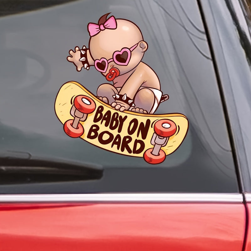 Peel & Stick Polyethylene Car Decals - Baby On Board Skater Design, Durable Vinyl, Cute & Humorous Baby Safety Sign for Vehicles