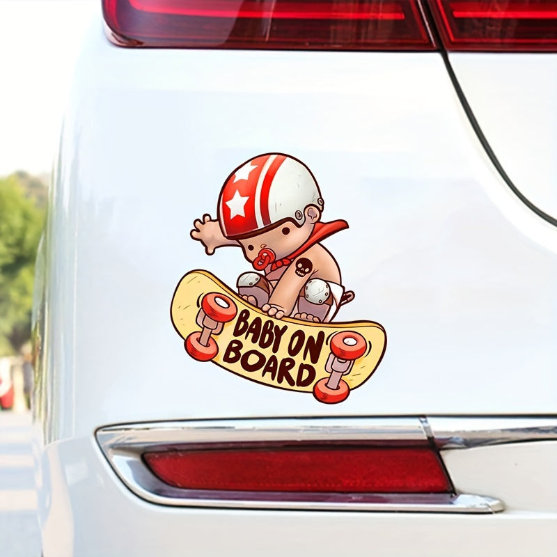 Peel & Stick Polyethylene Car Decals - Baby On Board Skater Design, Durable Vinyl, Cute & Humorous Baby Safety Sign for Vehicles