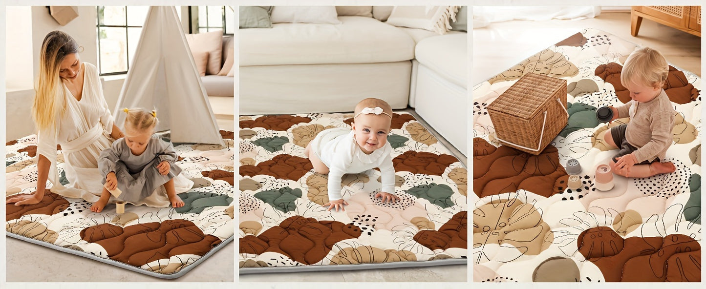 Boho Chic Floral Cotton Baby Play Mat, Thick Padded Foldable Foam Playmat, 127.0x127.0 cm, Machine Washable Crawling Mat for Infants & Toddlers, Ages 0-8 Years - Play Gym for Baby Fence Area