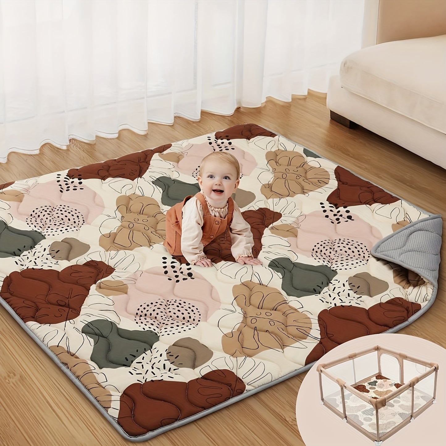 Boho Chic Floral Cotton Baby Play Mat, Thick Padded Foldable Foam Playmat, 127.0x127.0 cm, Machine Washable Crawling Mat for Infants & Toddlers, Ages 0-8 Years - Play Gym for Baby Fence Area