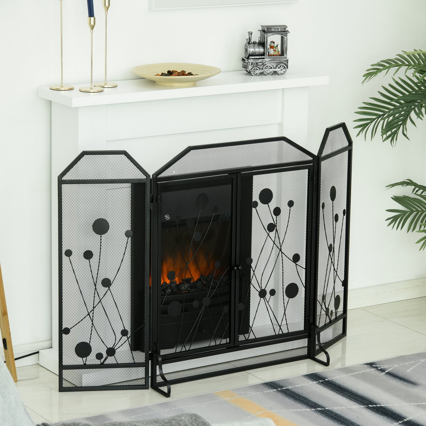 HOMCOM Foldable Fireplace Screen in Black Steel and Metal with 2 Magnetic Closing Doors, 125x80cm