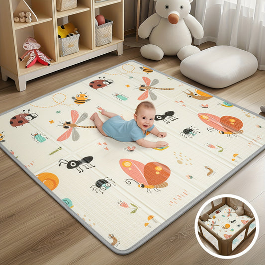 Reversible Dragonfly & Geometric Play Mat for Kids - 127.0x127.0cm Waterproof, Thick Foam Safety Pad with Fence Option, Portable & Reversible Floor Mat, Perfect Christmas or Thanksgiving Gift