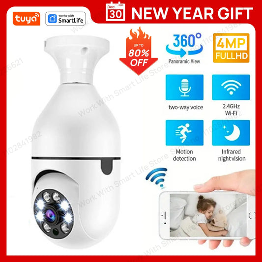 4MP Tuya Smart Home 2.4G E27 Bulb Wifi Surveillance Camera Night Security Video Surveillance Supprt Two Way Audio Mobile Motion