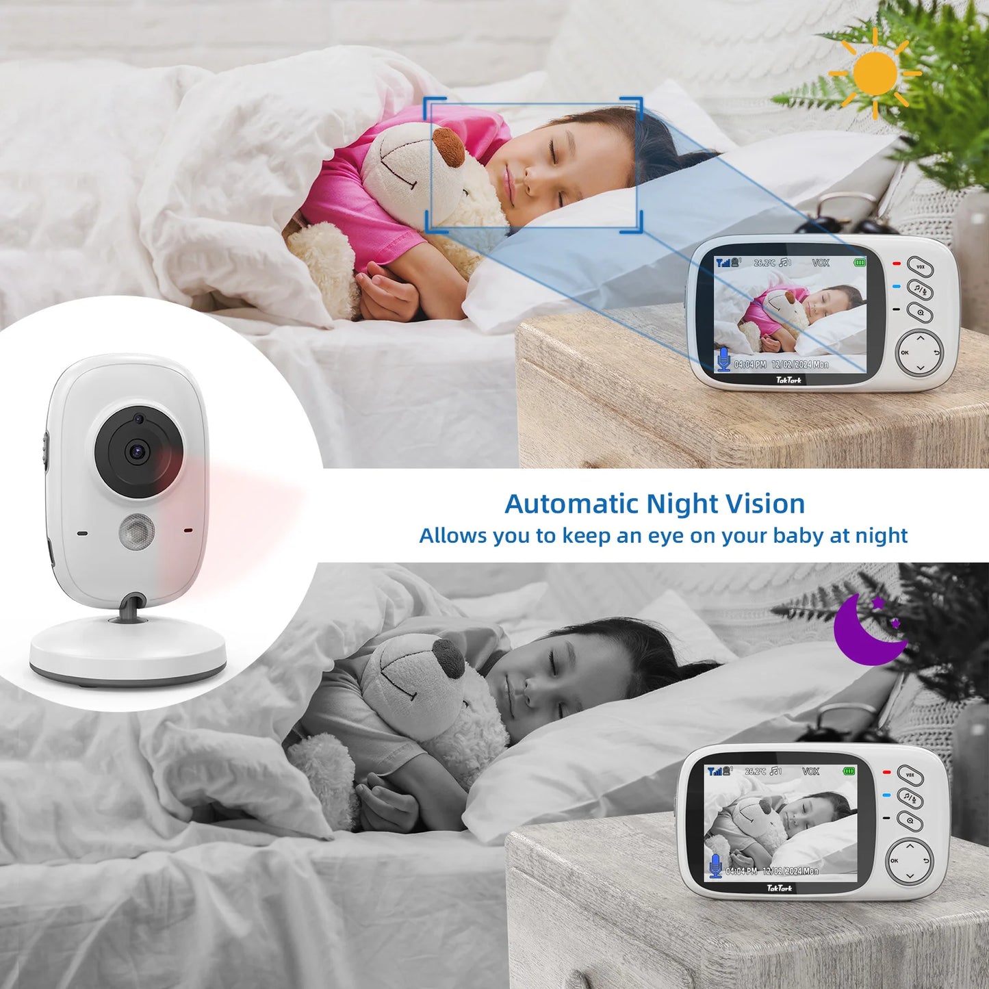 TakTark 3.2 Inch Wireless Video Baby Monitor Auto Night Vision Two-Way Intercom Temperature Monitoring Surveillance Camera Nanny