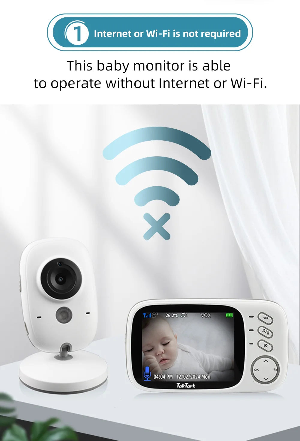 TakTark 3.2 Inch Wireless Video Baby Monitor Auto Night Vision Two-Way Intercom Temperature Monitoring Surveillance Camera Nanny