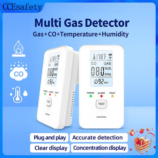 4in1 Gas and Carbon Monoxide Detector Temperature Humidity Sensor AC Plug in Combustible Gas Leak Detector Gas Alarm LCD Display