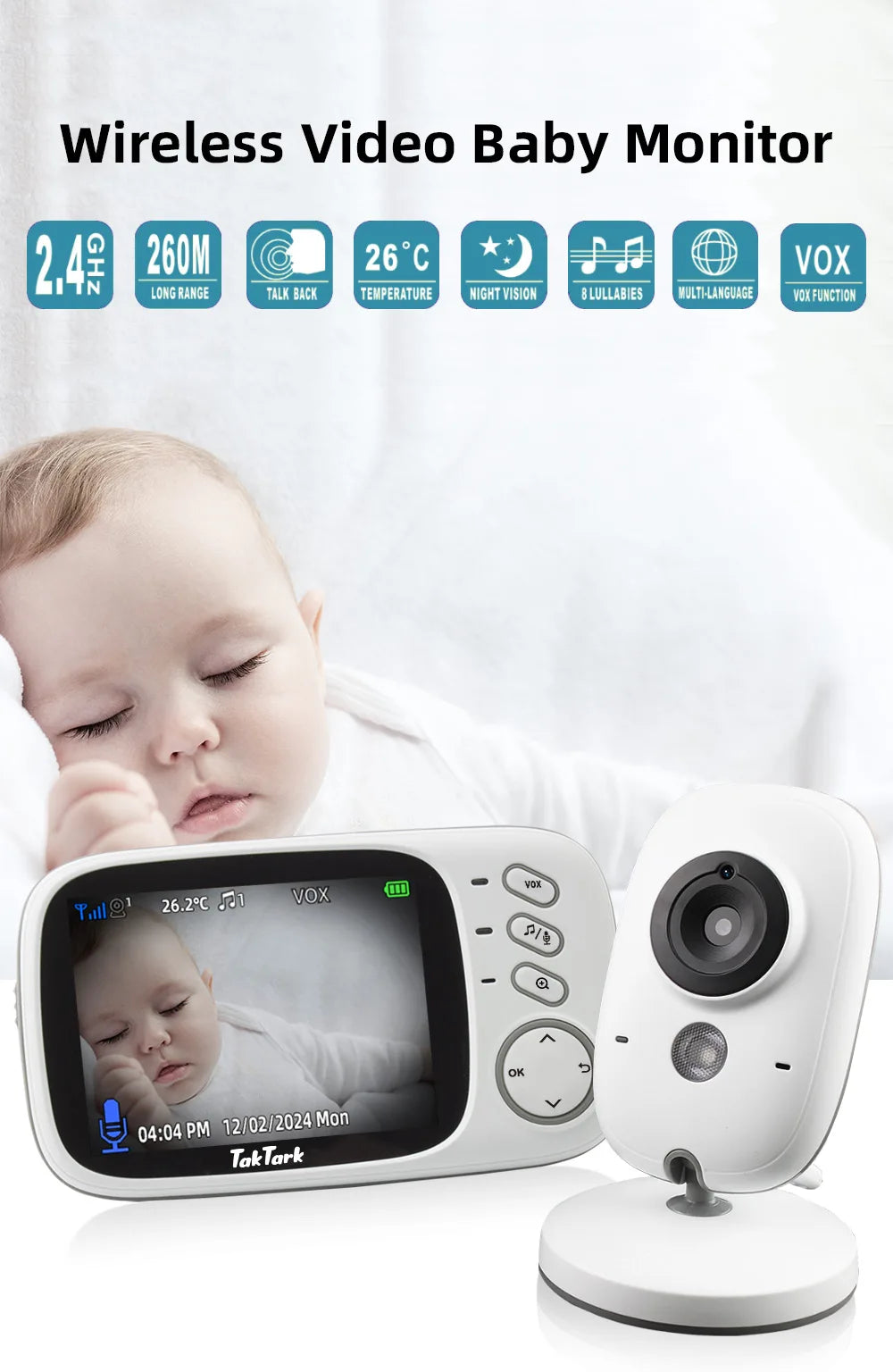 TakTark 3.2 Inch Wireless Video Baby Monitor Auto Night Vision Two-Way Intercom Temperature Monitoring Surveillance Camera Nanny