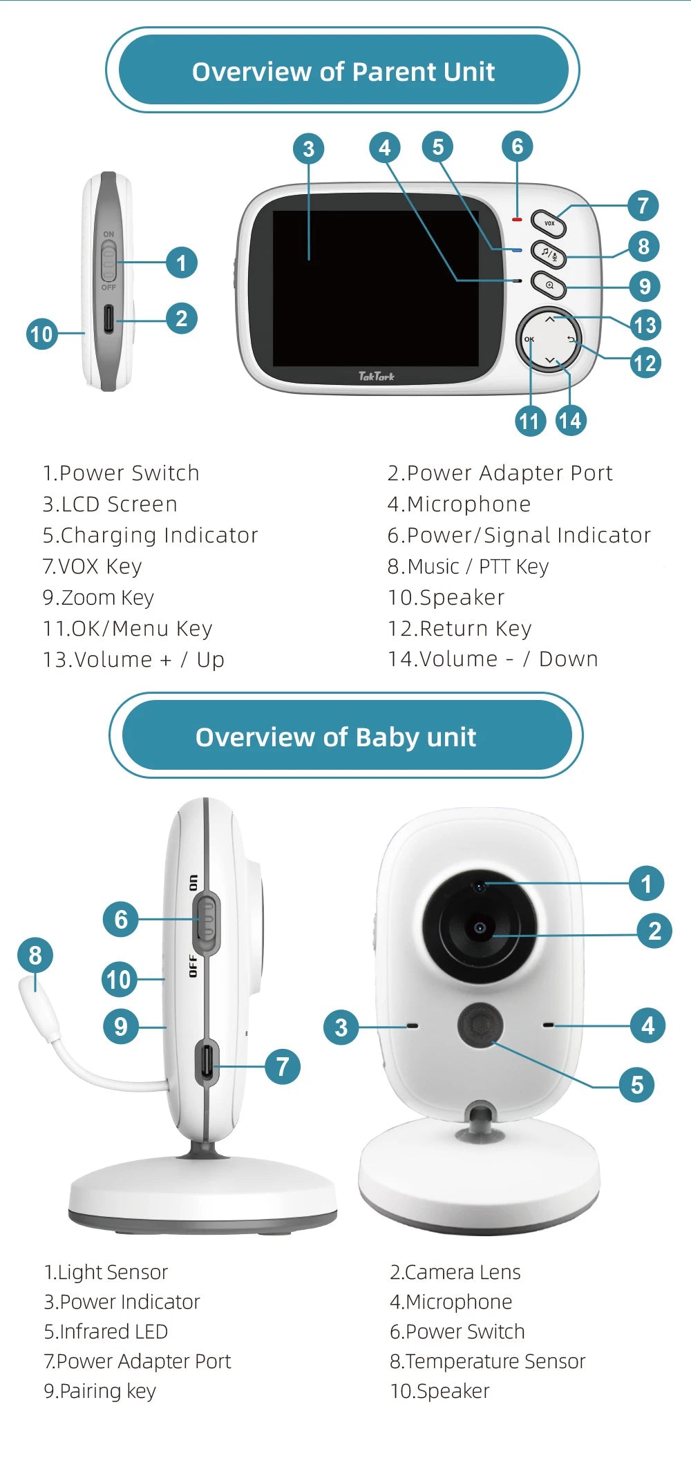 TakTark 3.2 Inch Wireless Video Baby Monitor Auto Night Vision Two-Way Intercom Temperature Monitoring Surveillance Camera Nanny