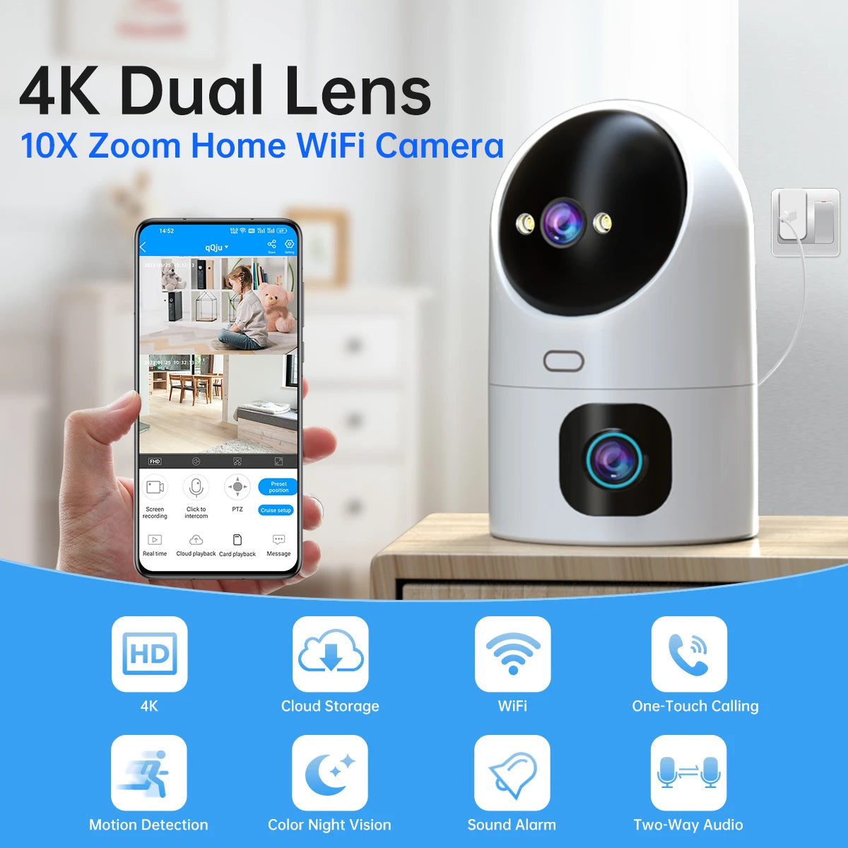 JOOAN 4K PTZ IP Camera 10X Zoom Dual Lens Auto Tracking WiFi CCTV Camera Color Night Home Baby Monitor Video Surveillance