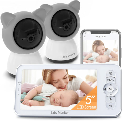 Babystar 5-inch LCD baby monitor with two cameras, supports split screen, WiFi smartphone video dual camera, mobile APP control