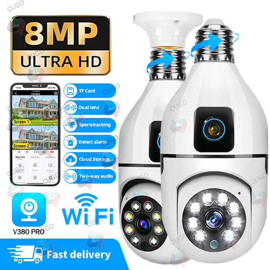 8MP E27 Bulb Surveillance WIFI Camera Dual Lens Indoor Surveillance AI Human Tracking Dual-Storage Design Security Baby Monitor