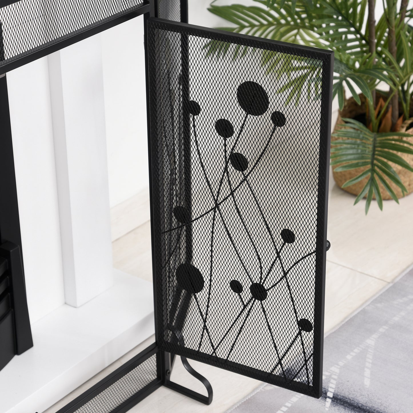 HOMCOM Foldable Fireplace Screen in Black Steel and Metal with 2 Magnetic Closing Doors, 125x80cm