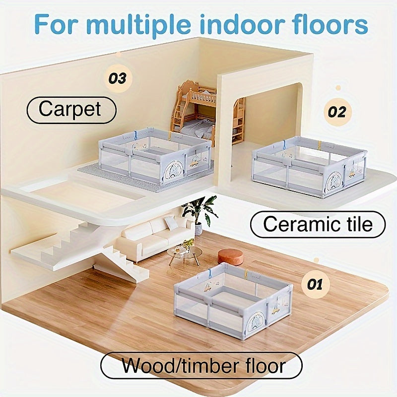 Latex-Free Plastic Play Yard with Pull Rings, Safety Playpen with Door, 8 Anti-Slip Bases, Indoor Activity Center for Ages 3-6 Years