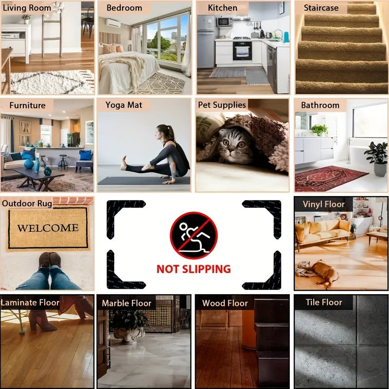 4pcs High-quality Anti Slip And Anti Drilling Carpet Stickers Are Suitable For Living Room, Dining Room, Bathroom Carpets, Ceramic Tiles, And Wooden Floor Areas To Prevent Carpet Movement And Rolling. Novelty Item!!!