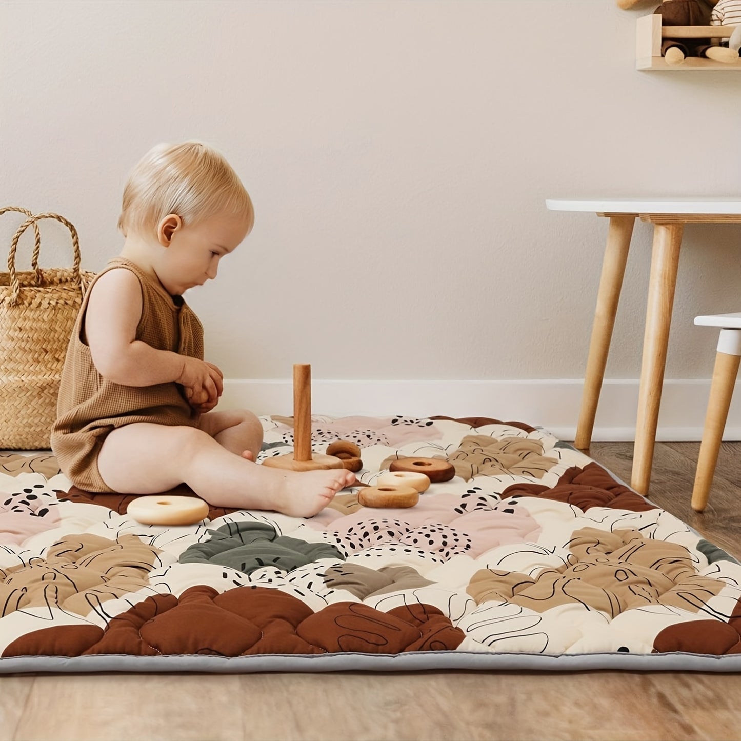 Boho Chic Floral Cotton Baby Play Mat, Thick Padded Foldable Foam Playmat, 127.0x127.0 cm, Machine Washable Crawling Mat for Infants & Toddlers, Ages 0-8 Years - Play Gym for Baby Fence Area