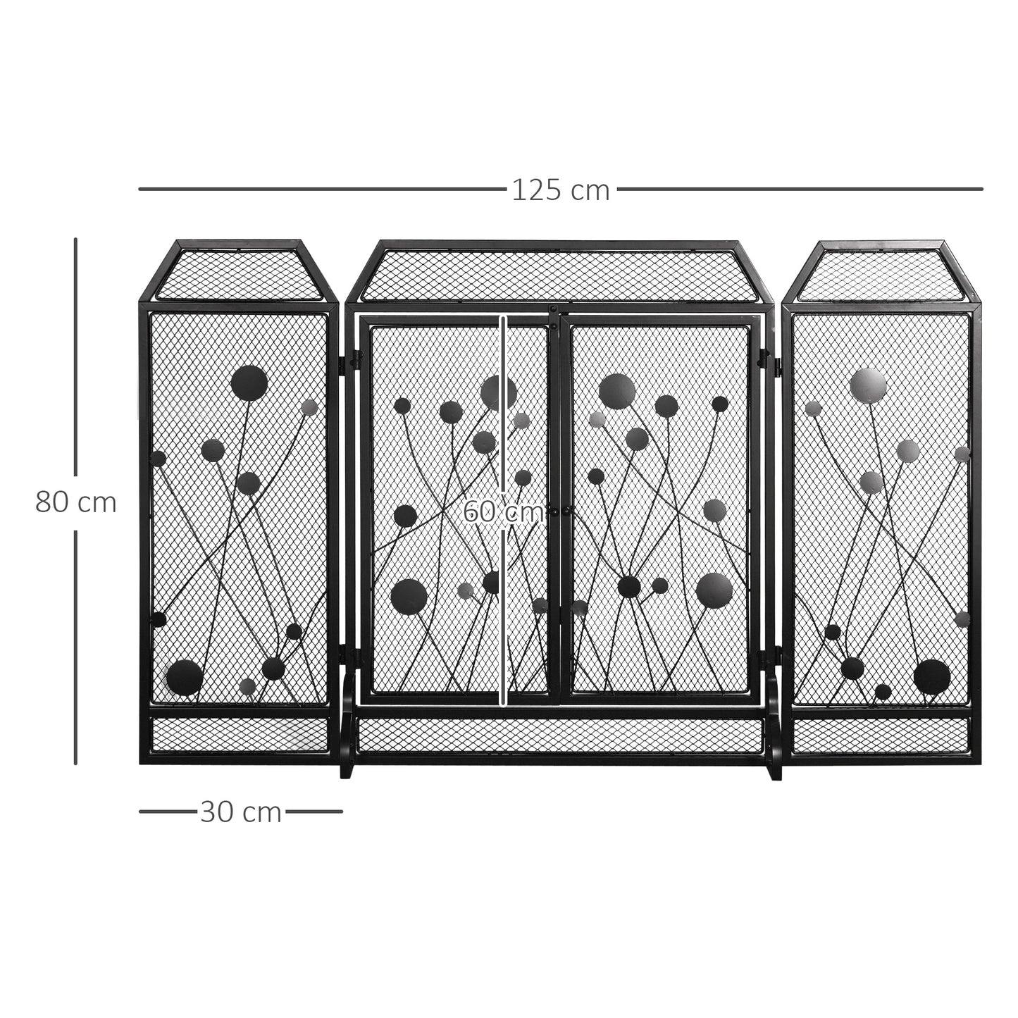 HOMCOM Foldable Fireplace Screen in Black Steel and Metal with 2 Magnetic Closing Doors, 125x80cm